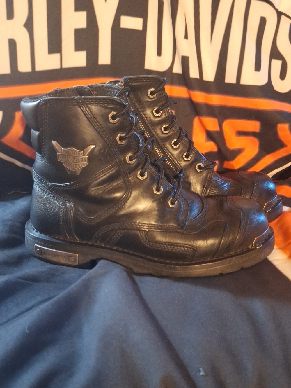 Harley-Davidson Black Leather Lace-Up Motorcycle Boots with Side Zip